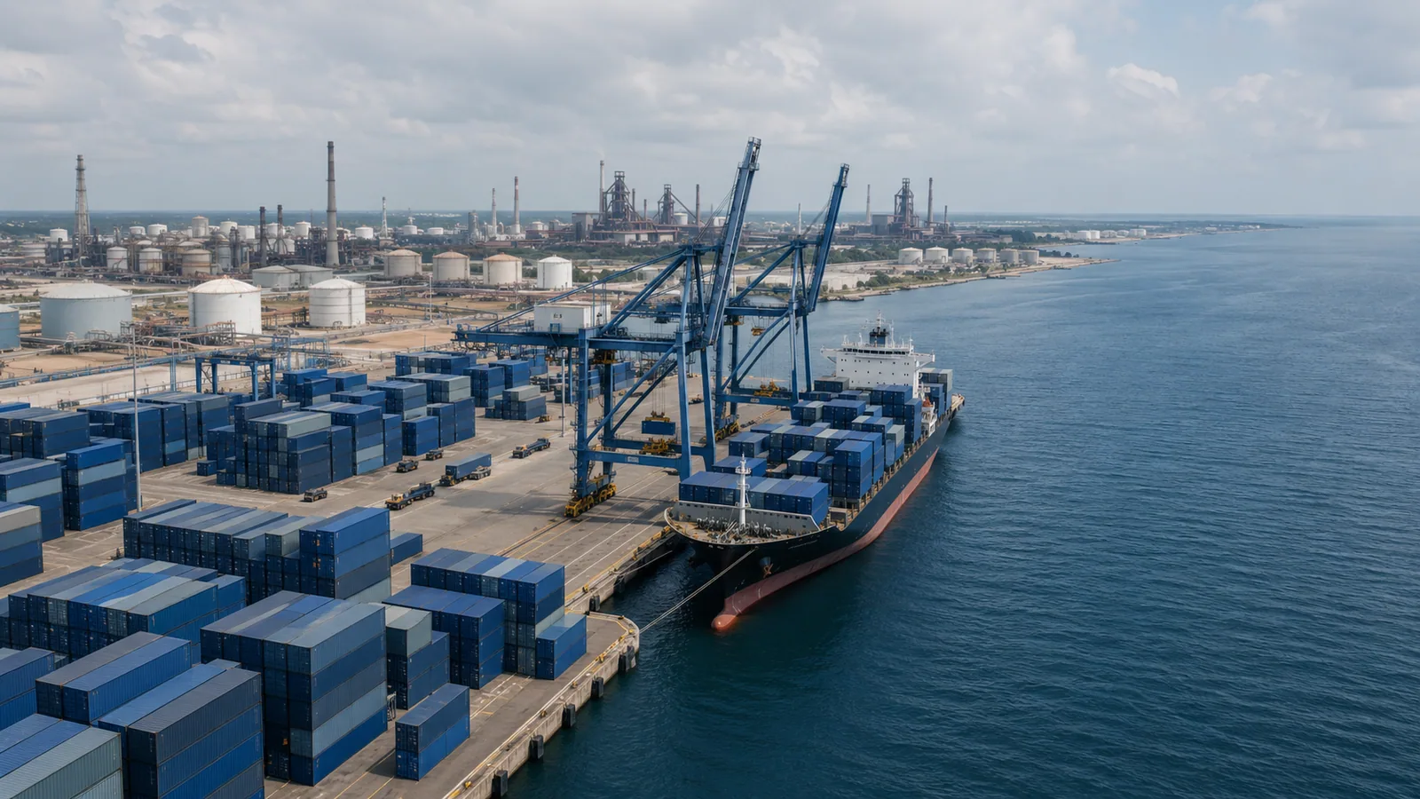 Puerto de Altamira — contenedores, grúas y terminal portuaria en el Golfo de México